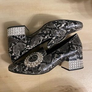 Jeffrey Campbell Black and Silver Snake Print Heels
